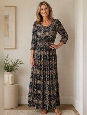 Monica peysley floral long maxi dress elastic drop waist 3/4 sleeve Boho 8/M